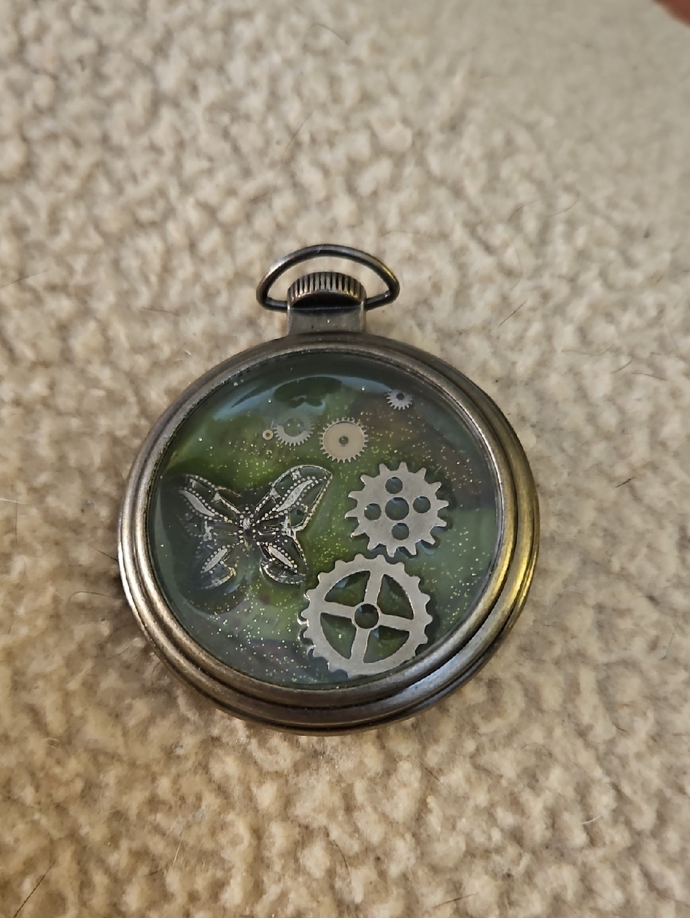 Steampunk Green Butterfly Pocket Watch Casing Necklace w/ Gears & Butterfly